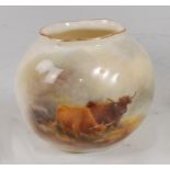 *A Royal Worcester porcelain Wrythern moulded spherical vase, hand-painted with Highland cattle,