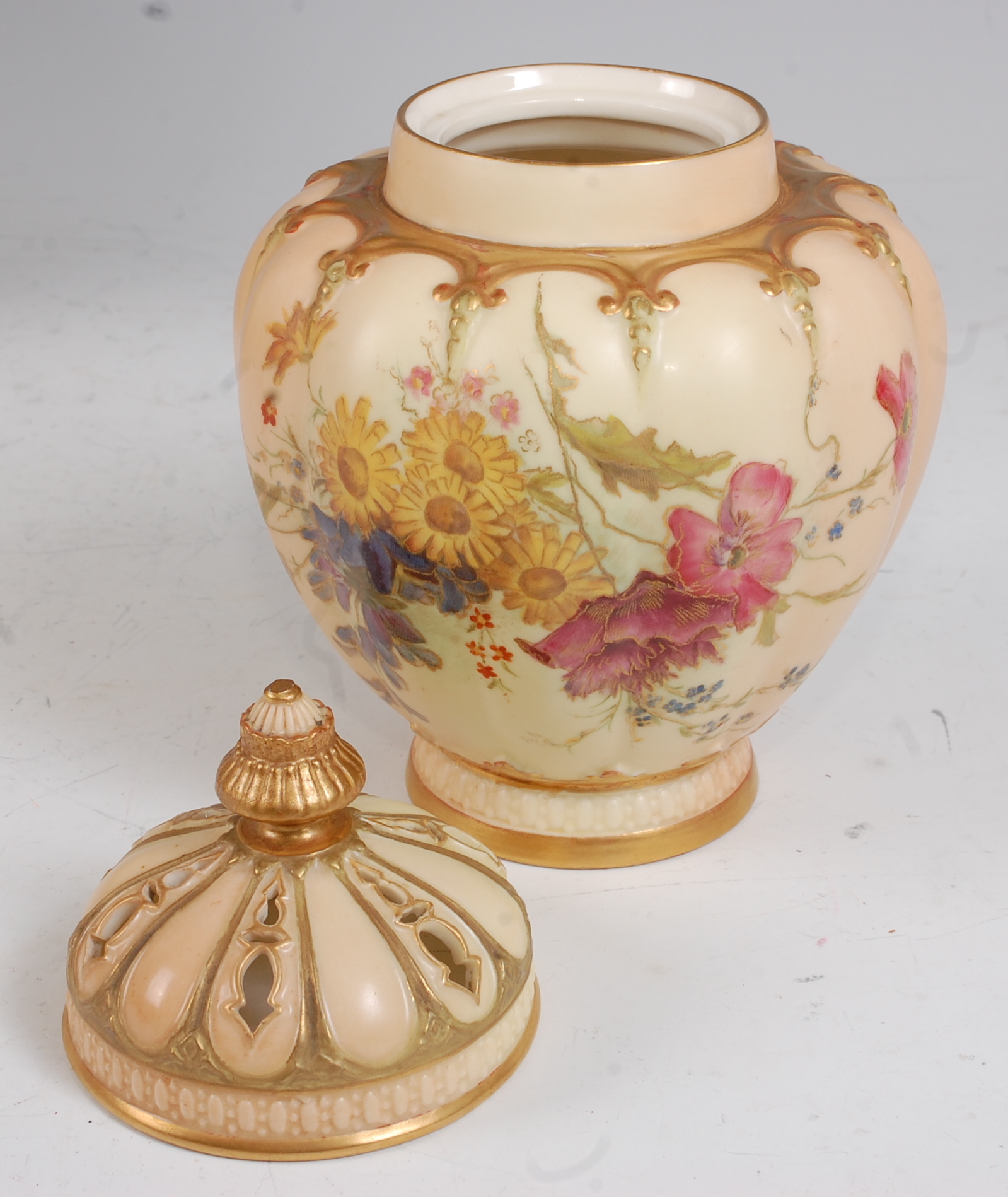 *A large Royal Worcester porcelain blush ivory pot pourri, the pierced dome cover with gilt finial - Image 2 of 2