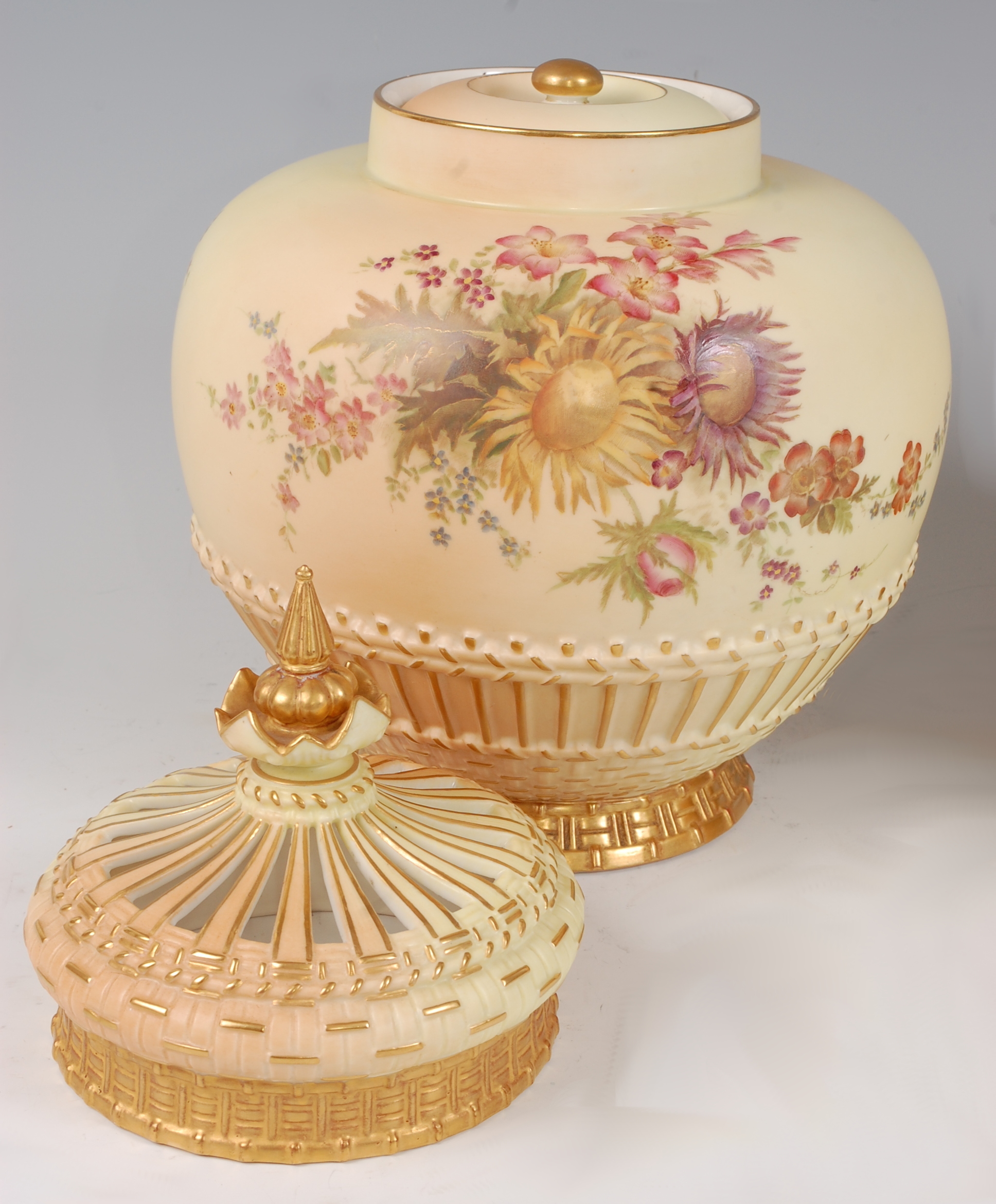*A large Royal Worcester porcelain blush ivory pot pourri, of globular form, having pierced dome - Image 2 of 3