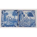 A pair of 18th century Delft tiles, probably London, each underglaze blue decorated with figure