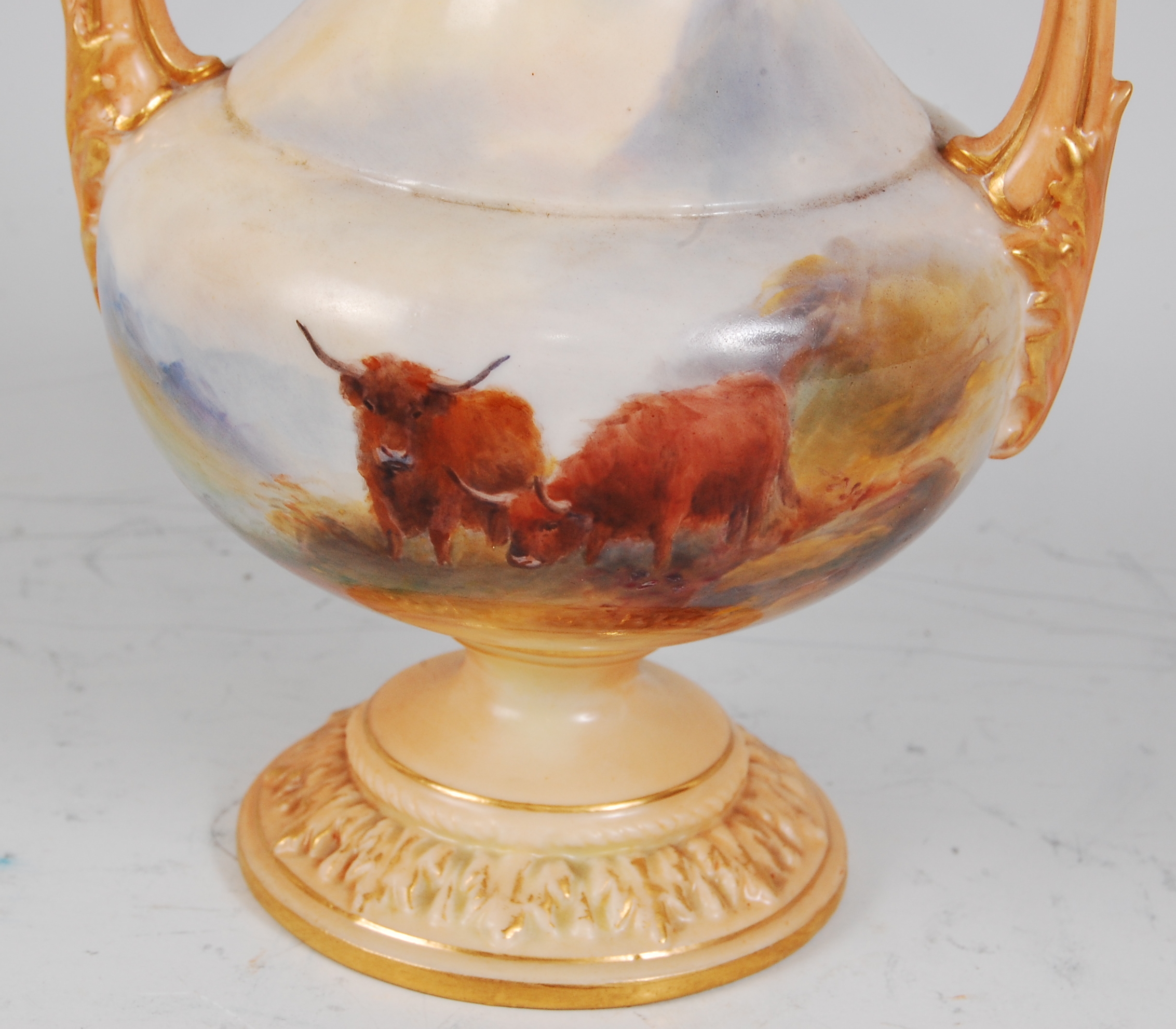 *A Royal Worcester porcelain twin handled vase and cover, hand-painted with Highland cattle amidst - Image 2 of 7