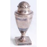 A George III silver pedestal pepperette, of urn shape, the circular cartouche engraved with a