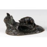 Louis Albert-Lefeuvre (1845-1924) - a bronze model of a fox stalking a rabbit, beside a treestump to