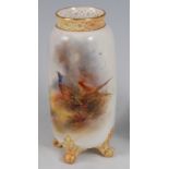 *A Royal Worcester porcelain vase, of cylindrical form, having reticulated neck, the body painted