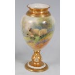 *A Royal Worcester porcelain ovoid pedestal vase, hand-painted with sheep and lamb amidst a