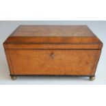 *A late Regency burr yew, mahogany and rosewood crossbanded work box, the rectangular canted top
