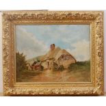 Late 19th century English school - Thatched cottage in a landscape, oil on canvas, indistinctly