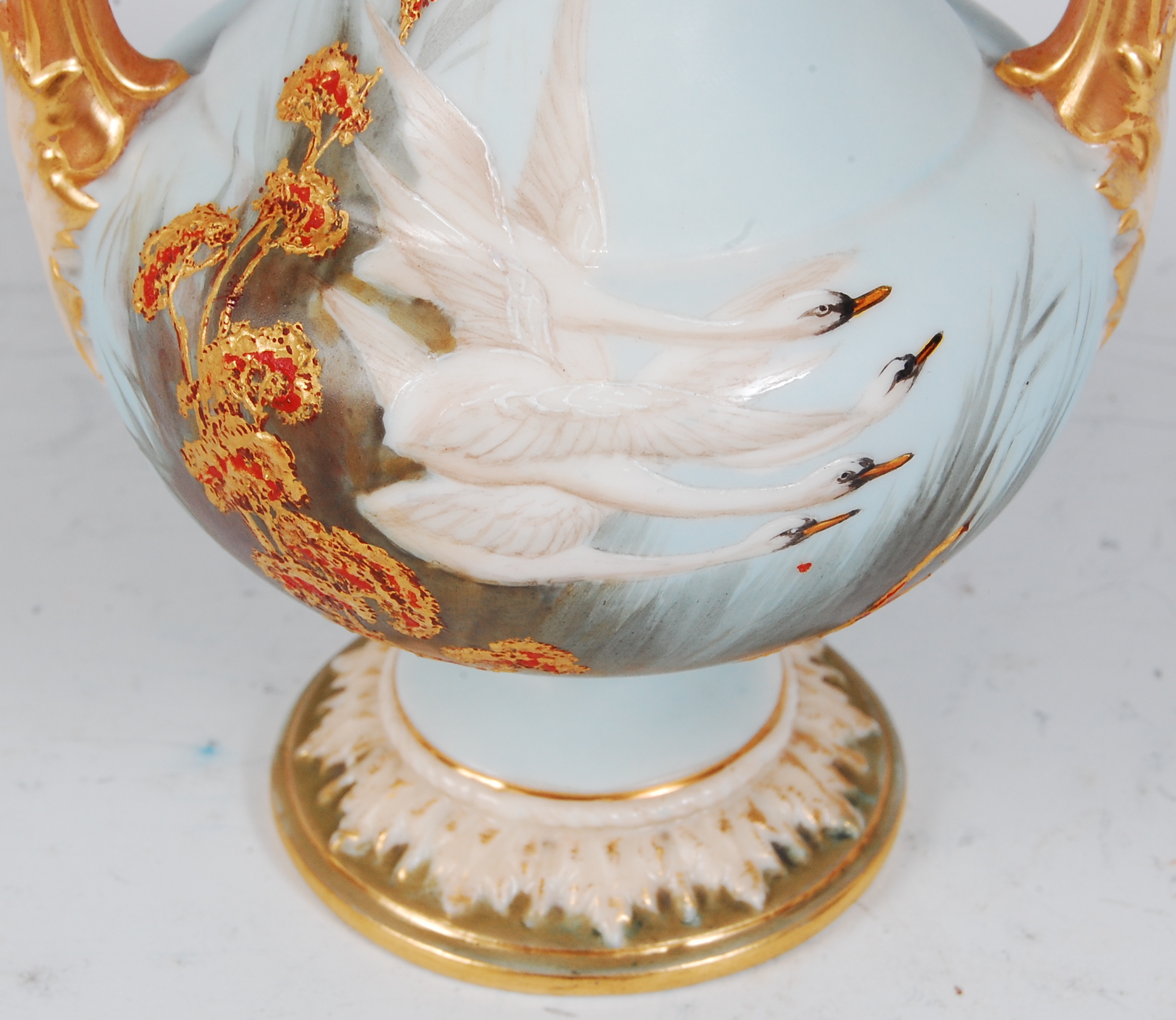 *A Royal Worcester twin handled vase and cover, on a turquoise ground, enamel decorated with swans - Image 2 of 3