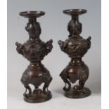 A pair of Japanese Meiji period double gourd bronze specimen vases , each with applied mythical