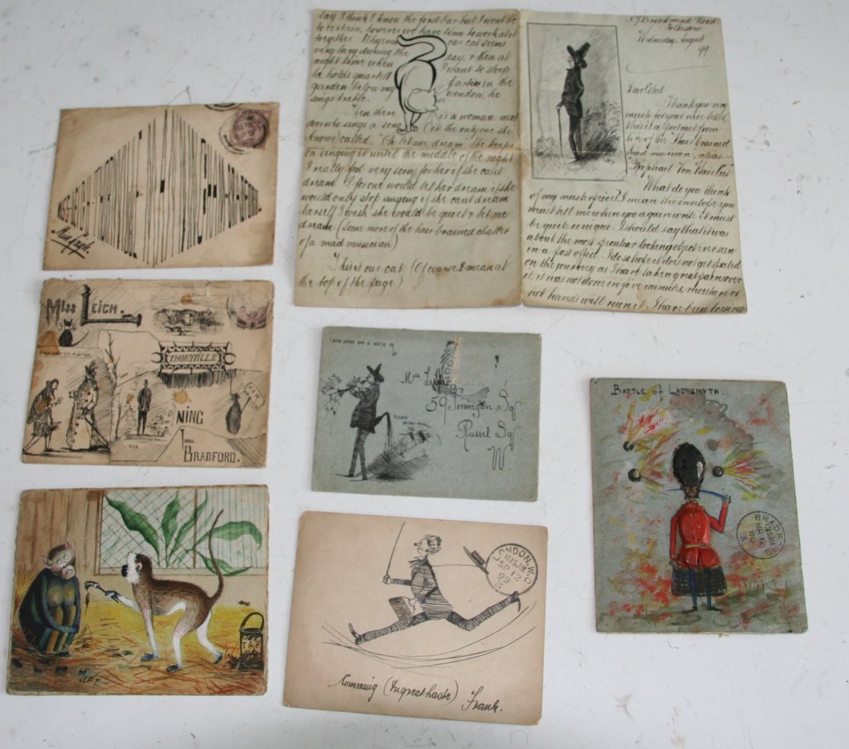 Ephemera. A small collection of humorously hand illustrated postcards and letters from the late