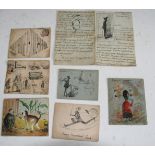 Ephemera. A small collection of humorously hand illustrated postcards and letters from the late