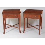 A pair of figured walnut and oak crossbanded lamp tables, each having single frieze drawer and on