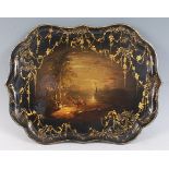 A Victorian papier-mâché gallery tray by B. Walton & Co, decorated with a moonlit Arabian coastal