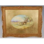 *A Royal Worcester porcelain plaque, hand-painted with horses grazing by G. Moseley, having puce