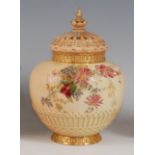 *A large Royal Worcester porcelain blush ivory pot pourri, of globular form, having pierced dome