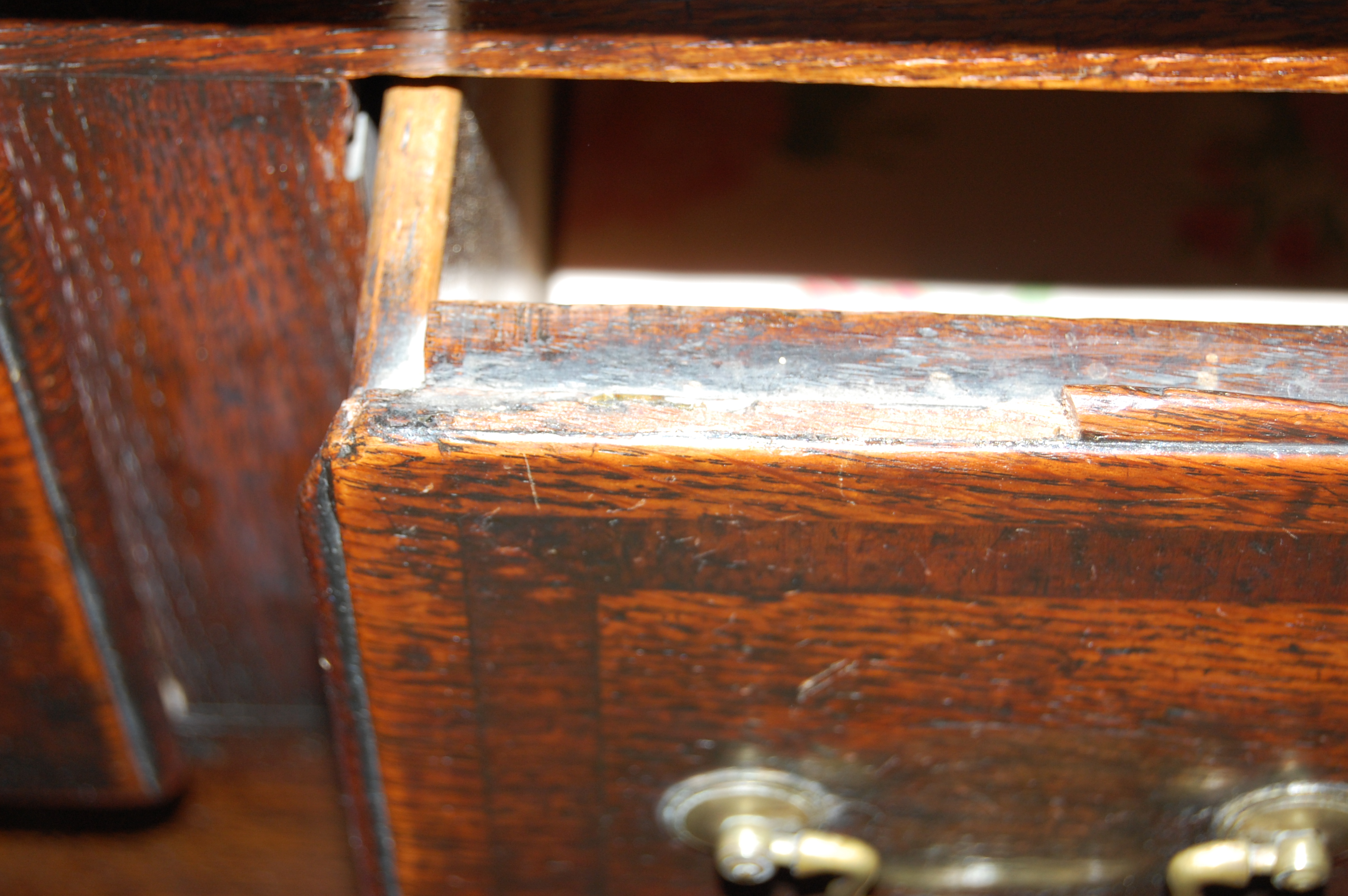 A George III North Country oak and mahogany crossbanded dresser base, the two-plank top having a - Image 5 of 8