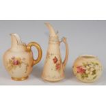 *A Royal Worcester porcelain blush ivory flat-back jug, hand-painted with floral sprays, having gilt