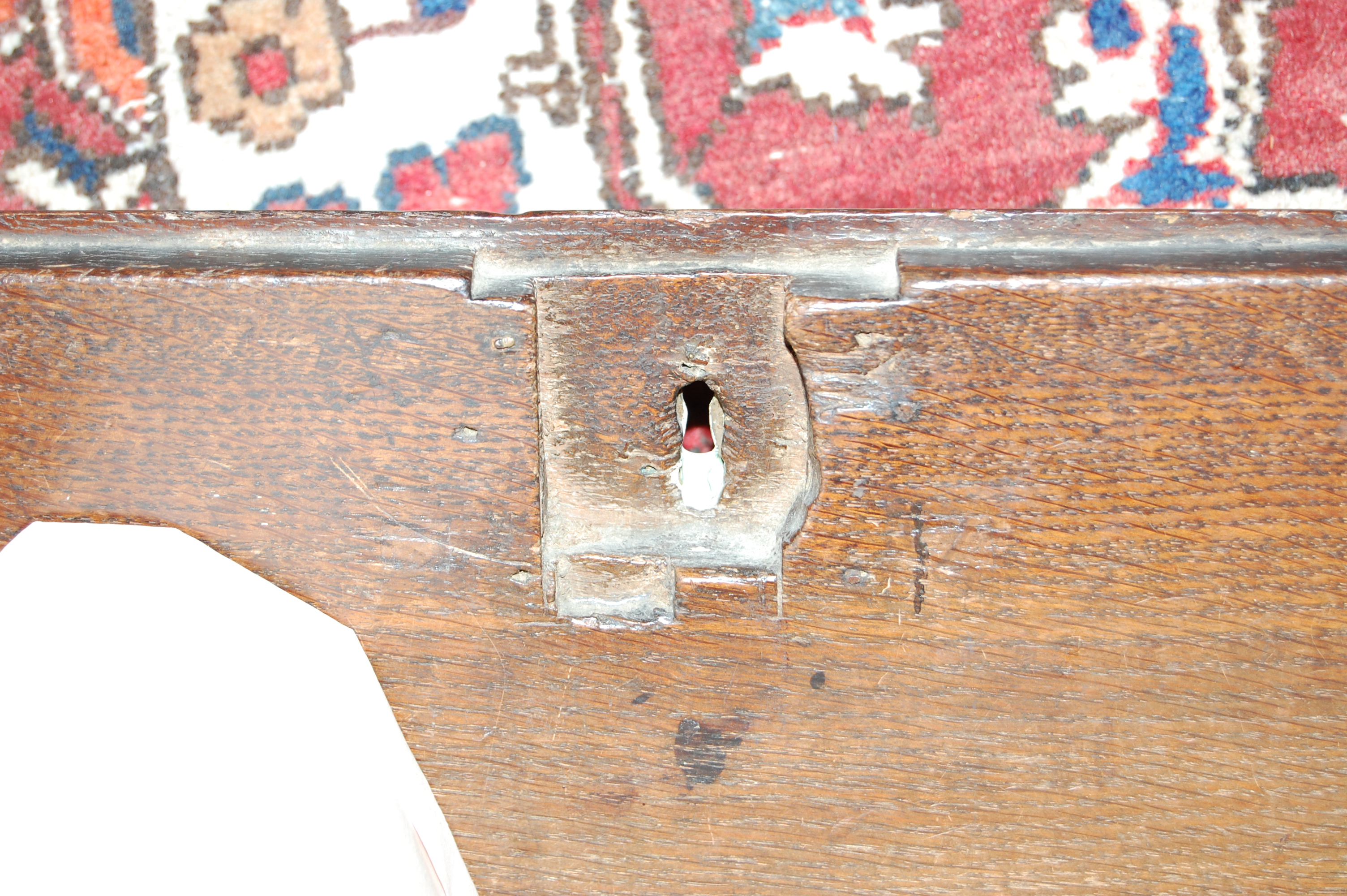 A George III North Country oak and mahogany crossbanded dresser base, the two-plank top having a - Image 6 of 8