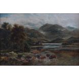 William Langley (act.1880-1920) - An extensive mountainous landscape with Highland cattle