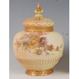 *A large Royal Worcester porcelain blush ivory pot pourri, of globular form, having pierced dome