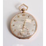 A 9ct gold pocket watch by J W Benson, London, the round mother of pearl dial, with gilt Arabic