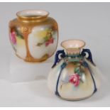 *A small Royal Worcester porcelain squat vase, each panel painted with pink roses and leaves, having