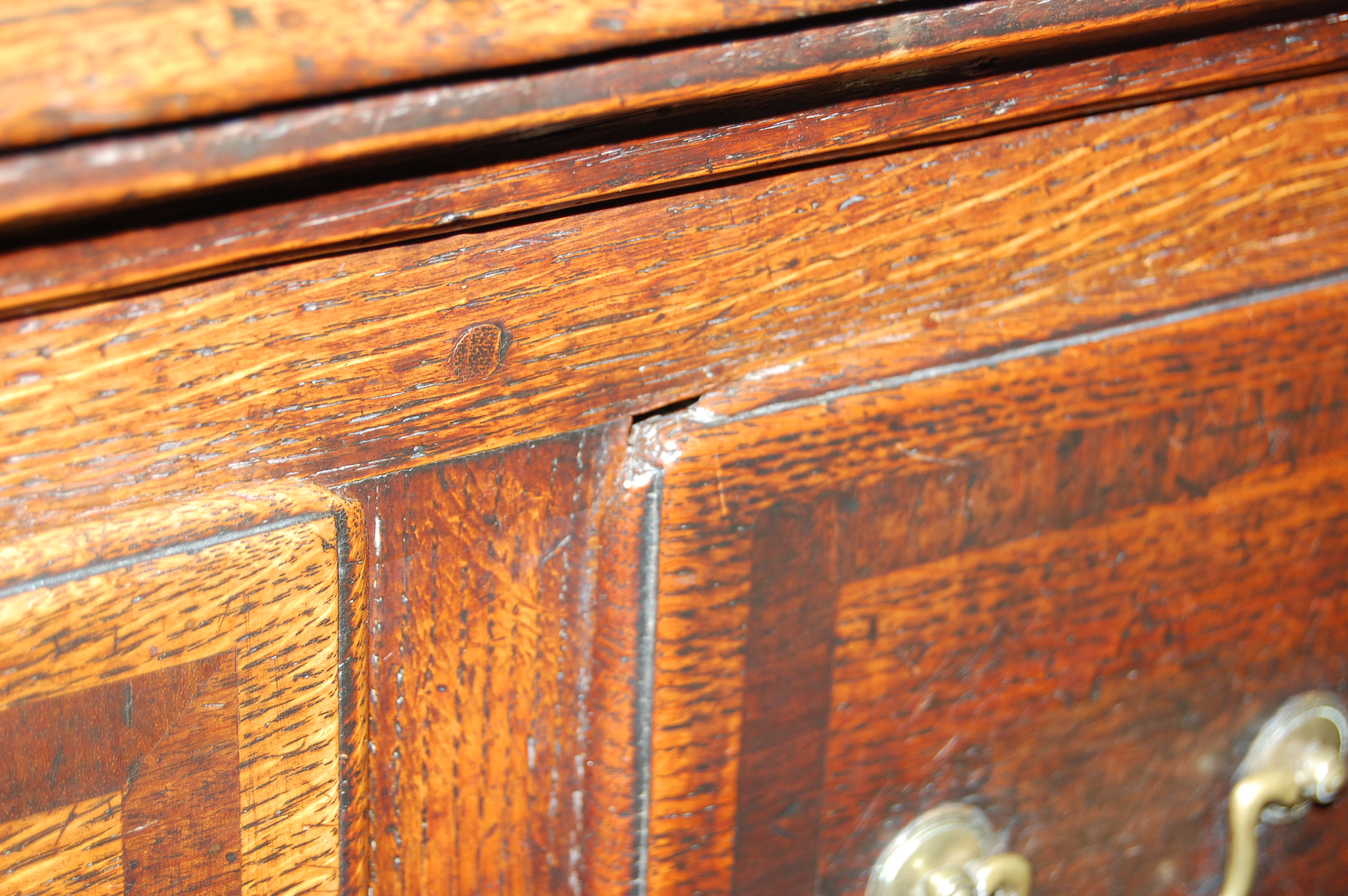 A George III North Country oak and mahogany crossbanded dresser base, the two-plank top having a - Image 8 of 8