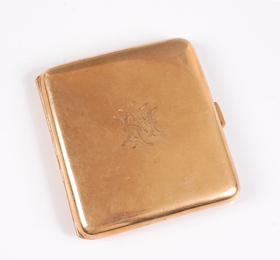 A 9ct gold cigarette case, the monogrammed squared case with rounded corners, 91.3g, Birmingham