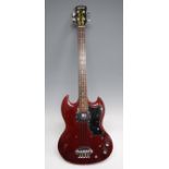 A Japanese four-string cherry red bass guitar by Avon-Rose Morris, in soft carry case, with