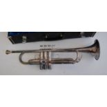 A cased Yamaha silver plated trumpet, with various mouth pieces, mutes etc