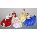 A collection of five Royal Doulton figurines, to include Gail HN2937, Charlotte HN2423, Elaine