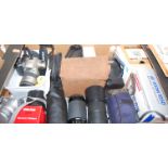 A box of cameras and camera equipment, to include Pentax 28/80, Fujifilm digital camera, lenses etc