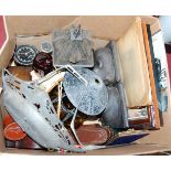 A box of miscellaneous items to include Art Nouveau pewter cake basket, Watford Vehicle clock etc