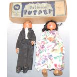 Two Pelham Puppets in early Pelham Bendi Puppet box