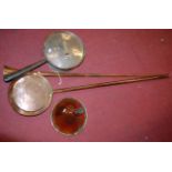 A small collection of miscellaneous copper wares to include hunting horn, funnel, warming pan,