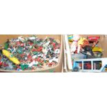 Two boxes of mixed playworn toys and diecast vehicles, to include Lone Star plastic figures,
