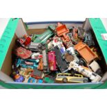 A box of assorted loose and playworn diecast toy vehicles to include a Dinky Toys Rolls Royce Silver
