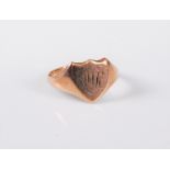 A 9ct gold shield shaped signet ring, (initials worn), stamped 375 with Birmingham assay mark,