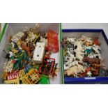A large collection of assorted Britains and other plastic farm animals and implements