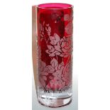 A large cranberry glass vase, of cylindrical form, etched with roses, h.32cm