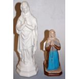 A Belleek blanc-de-chine figure of the Virgin Mary, h.31cm; together with a resin figure of the