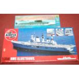 A quantity of scale model kits, to include Airfix HMS Illustrious, Trumpeteer, JMSDFDDG177, together