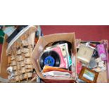 Three boxes of mixed miscellaneous items, to include model sailing boat, coronation china, vinyl