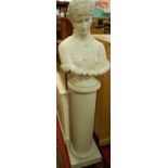 A white composite pedestal bust of a classical semi-nude maiden, raised on pedestal column, gross