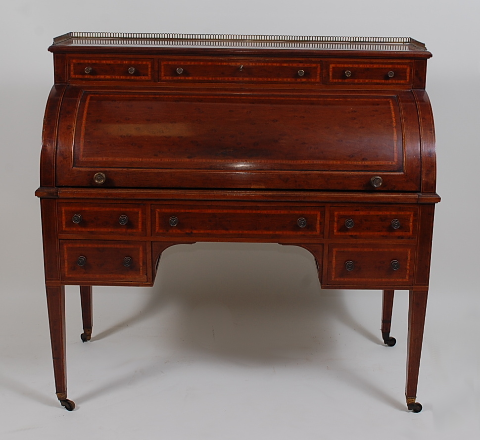 A Hamptons of Pall Mall Sheraton Revival plum-pudding mahogany and satinwood crossbanded cylinder