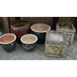 A pair of reconstituted stone square garden planters; together with a large glazed stoneware