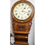 A Victorian figured walnut and Tunbridge type inlaid circular droptrunk wall clock, the repainted