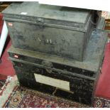 A collection of seven various early 20th century black painted metal hinged deed boxes, mostly