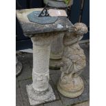 A reconstituted stone pedestal sundial, h.75cm; together with a reconstituted stone figure of a