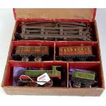 1926 Hornby No.1 LNER green passenger set. Loco has lined crest on cabside, ‘LNER’ on both